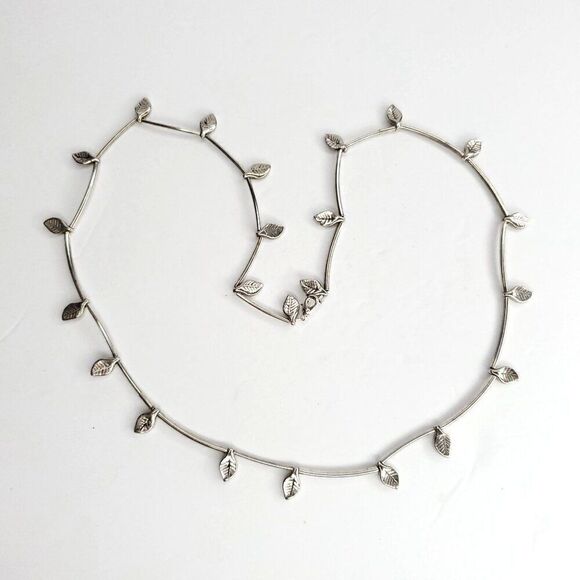 Silvertone Metal Leaf Tube Bead Necklace Boho Chic 22" - Picture 2 of 4